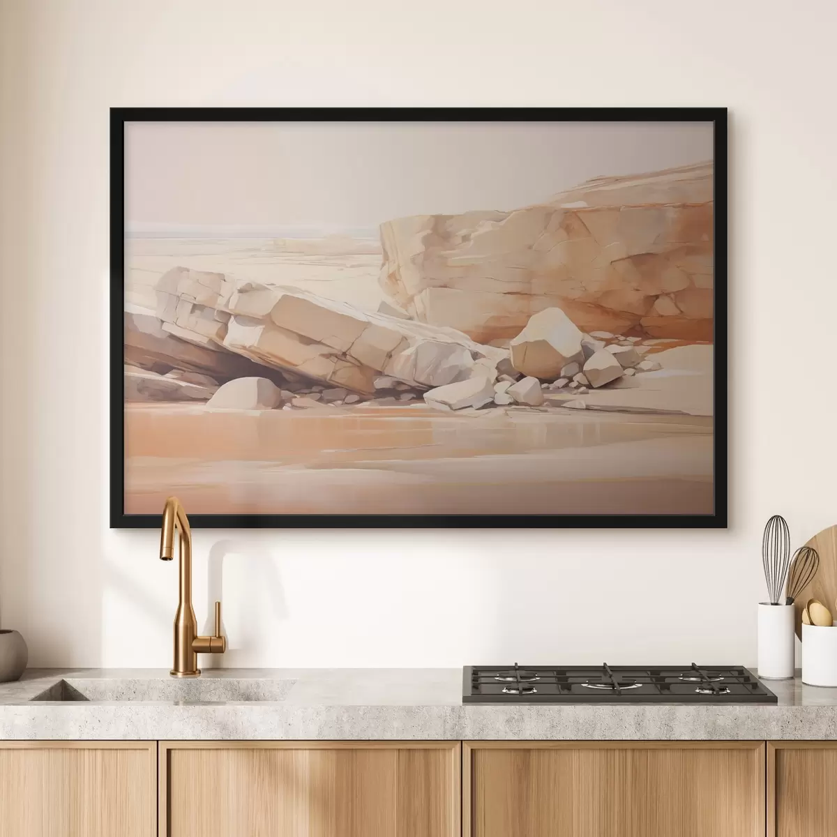 Poster Paisaje minimalista de playa rocosa con grandes rocas de color marrón claro y agua clara f44865