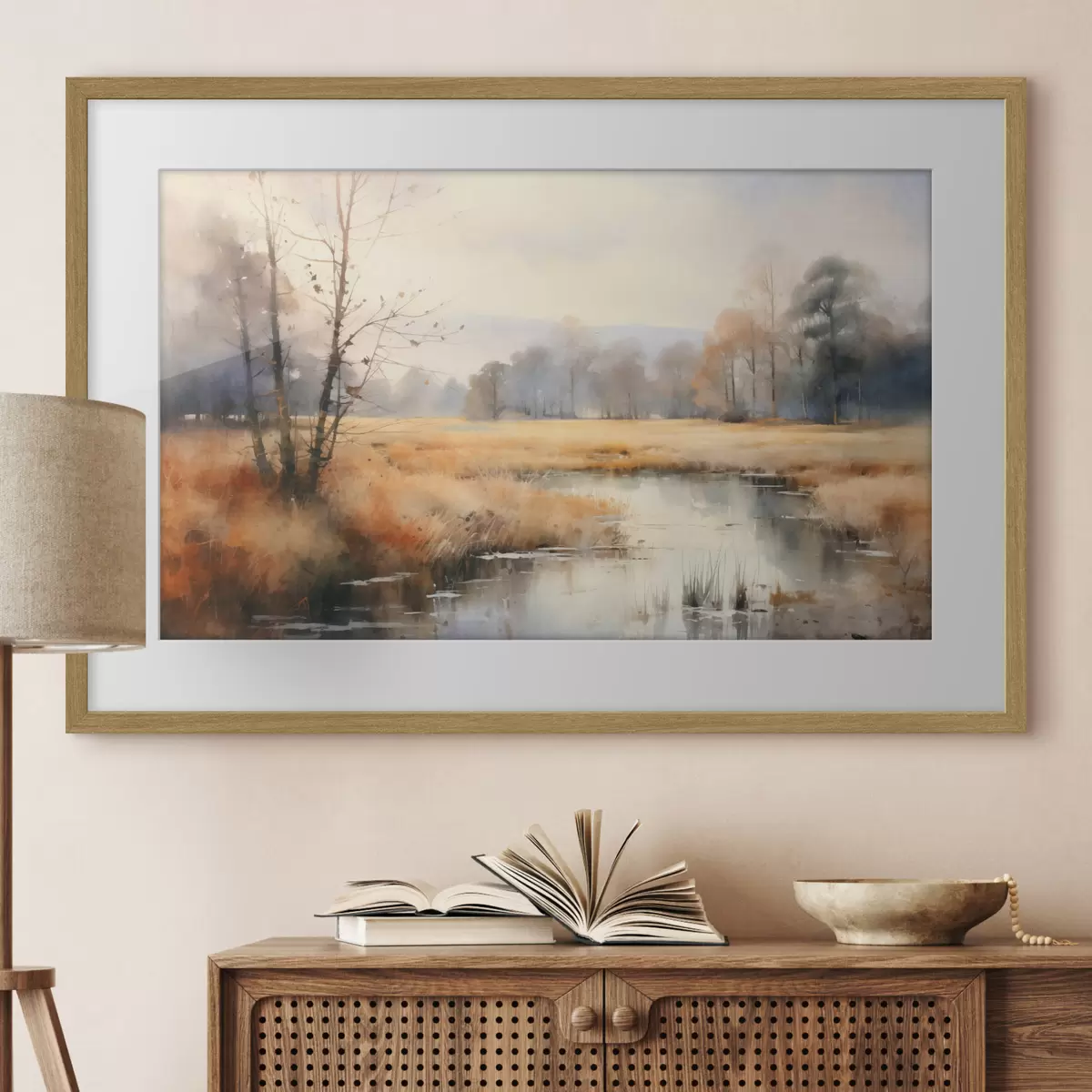 Poster Una pintura de paisaje de textura tranquila imitación de juncos y árboles desnudos, el agua tranquila bajo un cielo f44867