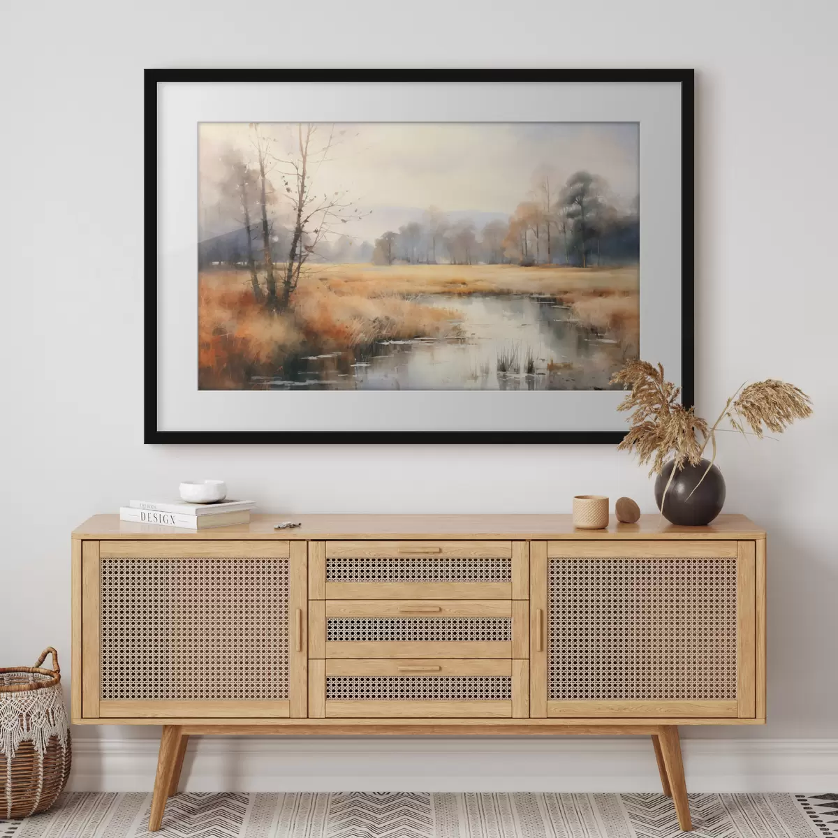 Poster Una pintura de paisaje de textura tranquila imitación de juncos y árboles desnudos, el agua tranquila bajo un cielo f44867