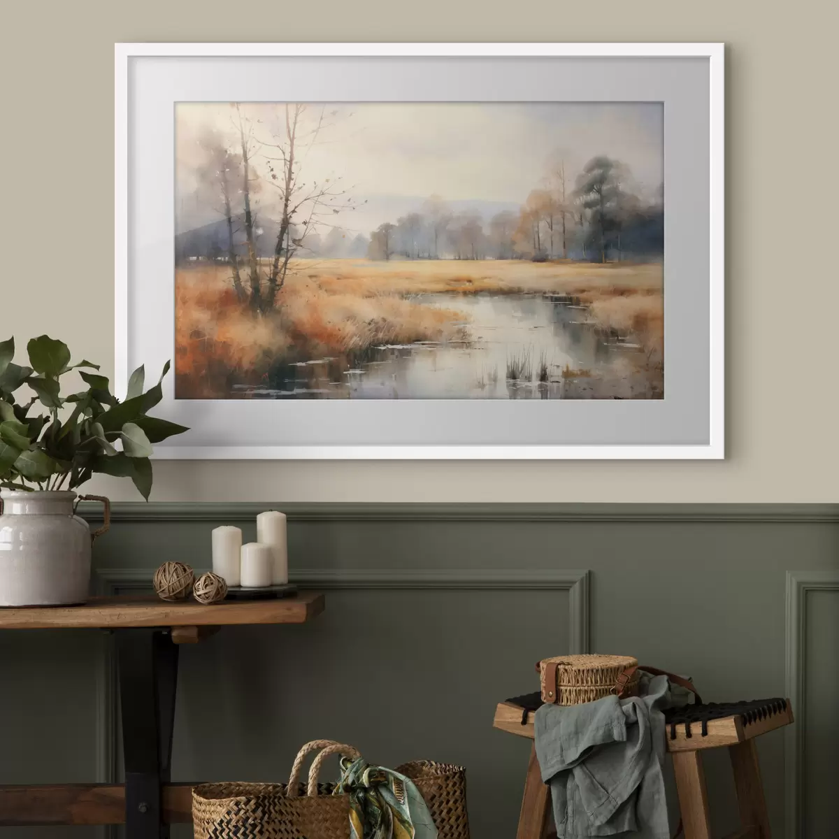 Poster Una pintura de paisaje de textura tranquila imitación de juncos y árboles desnudos, el agua tranquila bajo un cielo f44867