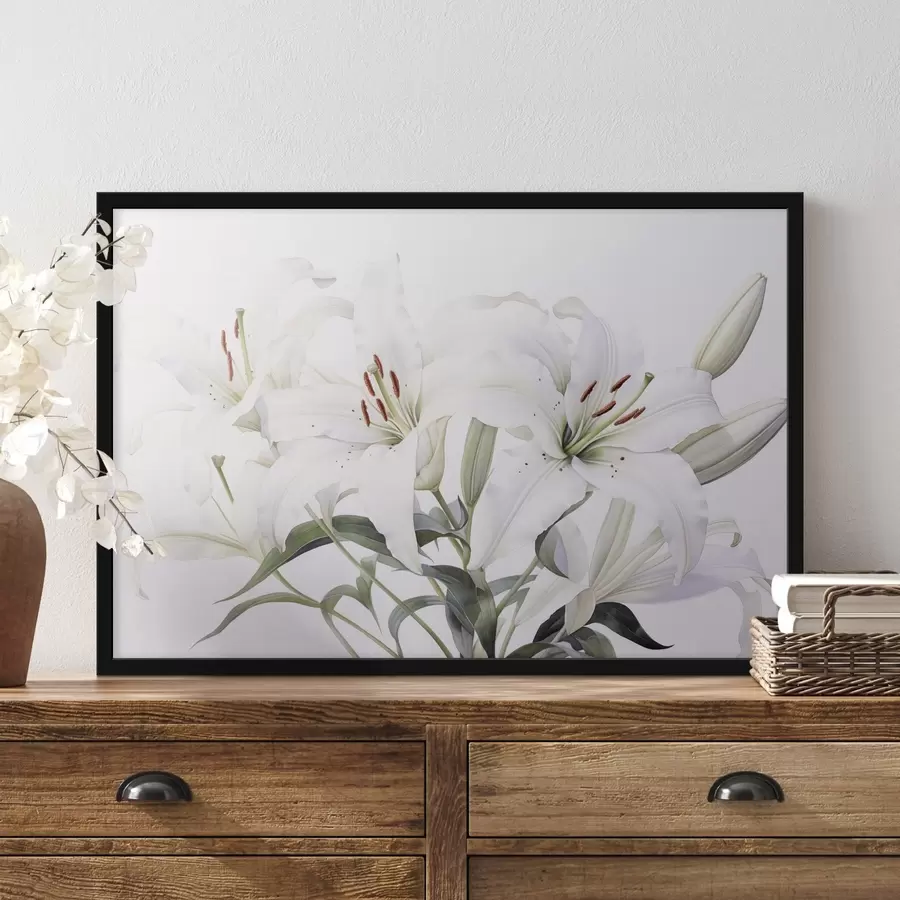 murales de pared Un ramo de lirios blancos con hojas verdes, delicados pétalos y suave fondo blanco f44868