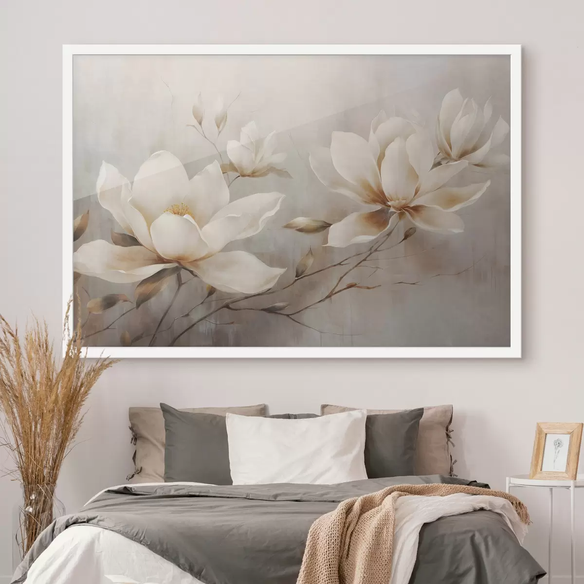 Poster Textura vintage de flores blancas de magnolia sobre ramas en un fondo marrón claro f44869