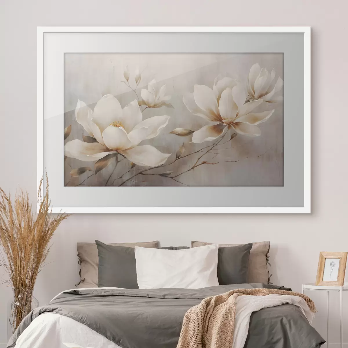 Poster Textura vintage de flores blancas de magnolia sobre ramas en un fondo marrón claro f44869