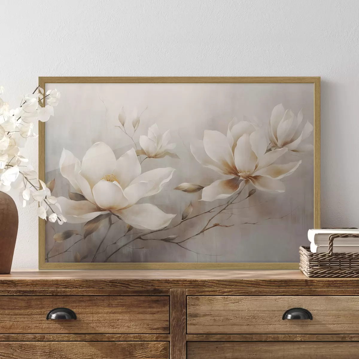 Poster Textura vintage de flores blancas de magnolia sobre ramas en un fondo marrón claro f44869