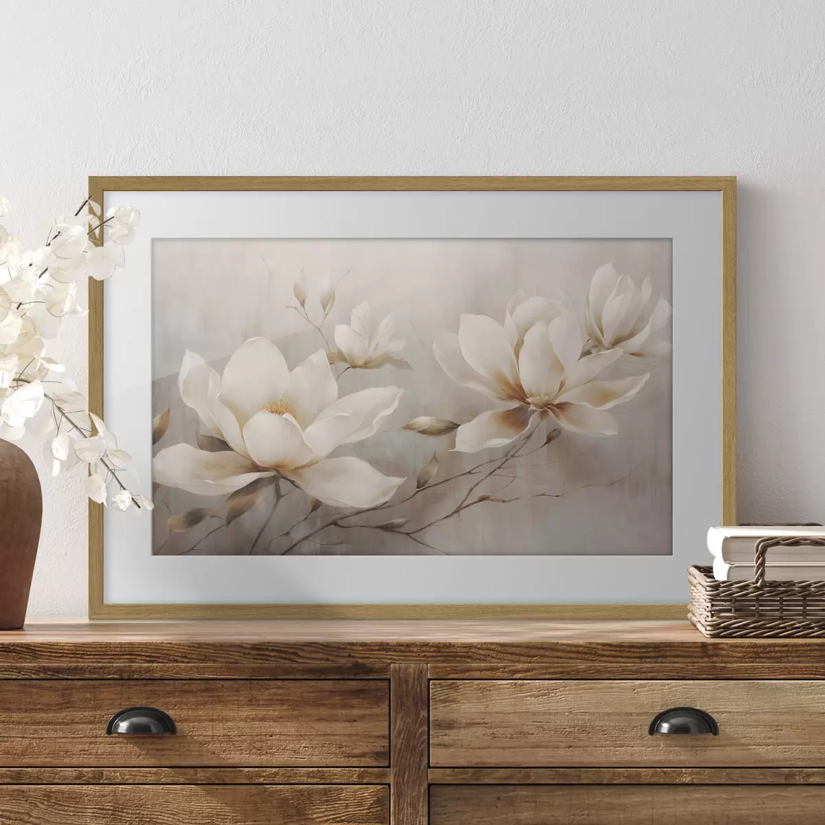 Poster Textura vintage de flores blancas de magnolia sobre ramas en un fondo marrón claro f44869