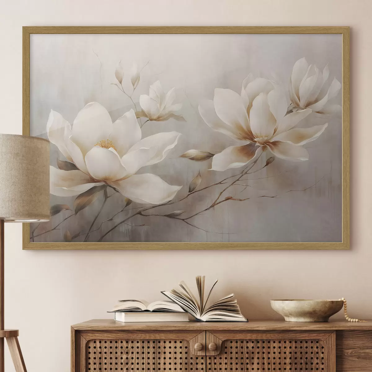 Poster Textura vintage de flores blancas de magnolia sobre ramas en un fondo marrón claro f44869