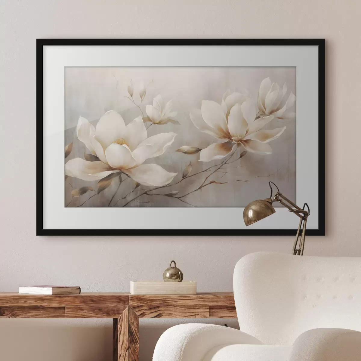 Poster Textura vintage de flores blancas de magnolia sobre ramas en un fondo marrón claro f44869