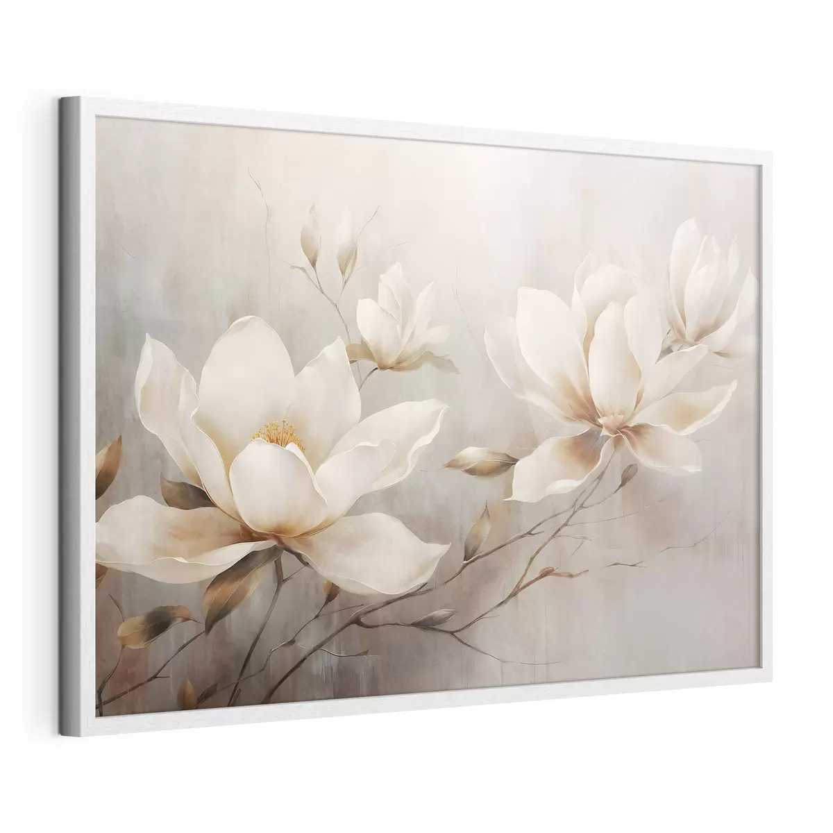 Poster Textura vintage de flores blancas de magnolia sobre ramas en un fondo marrón claro f44869