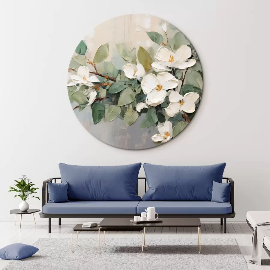 murales de pared Flores de magnolia con hojas verdes en una rama, estilo de textura impasto, paleta de colores suaves r44853