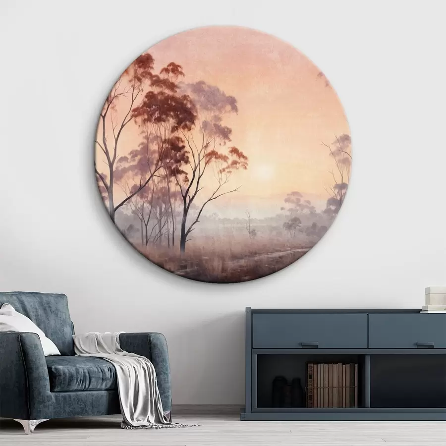 murales de pared Un paisaje pintado de un campo con hierba alta y árboles, el sol está en el fondo r44854