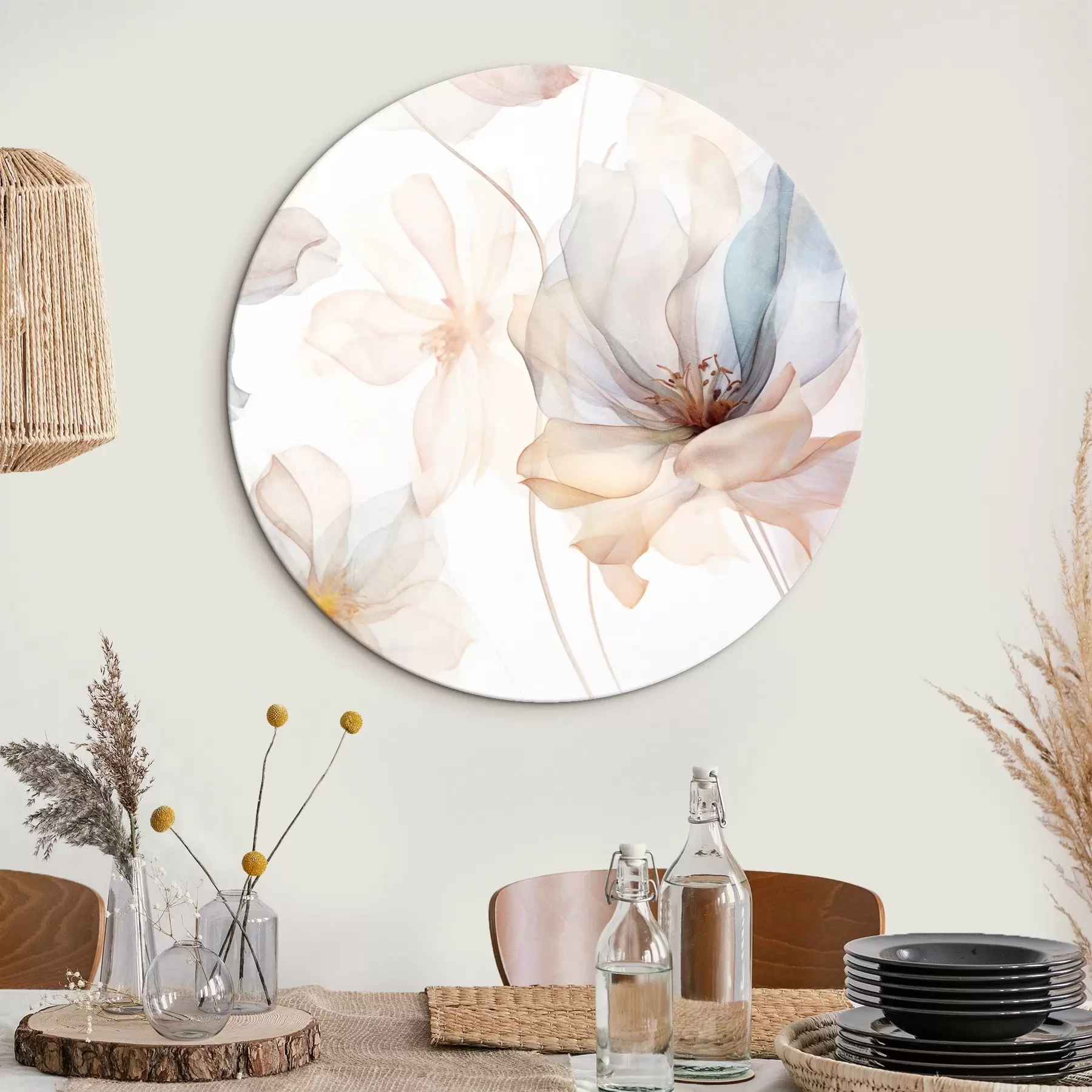 murales de pared Flores de textura translúcida en colores pastel, pétalos delicados, líneas delicadas sobre fondo blanco r44855