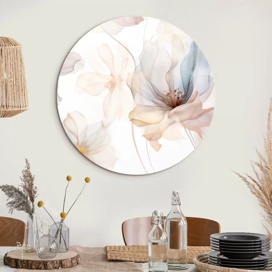 murales de pared Flores de textura translúcida en colores pastel, pétalos delicados, líneas delicadas sobre fondo blanco r44855