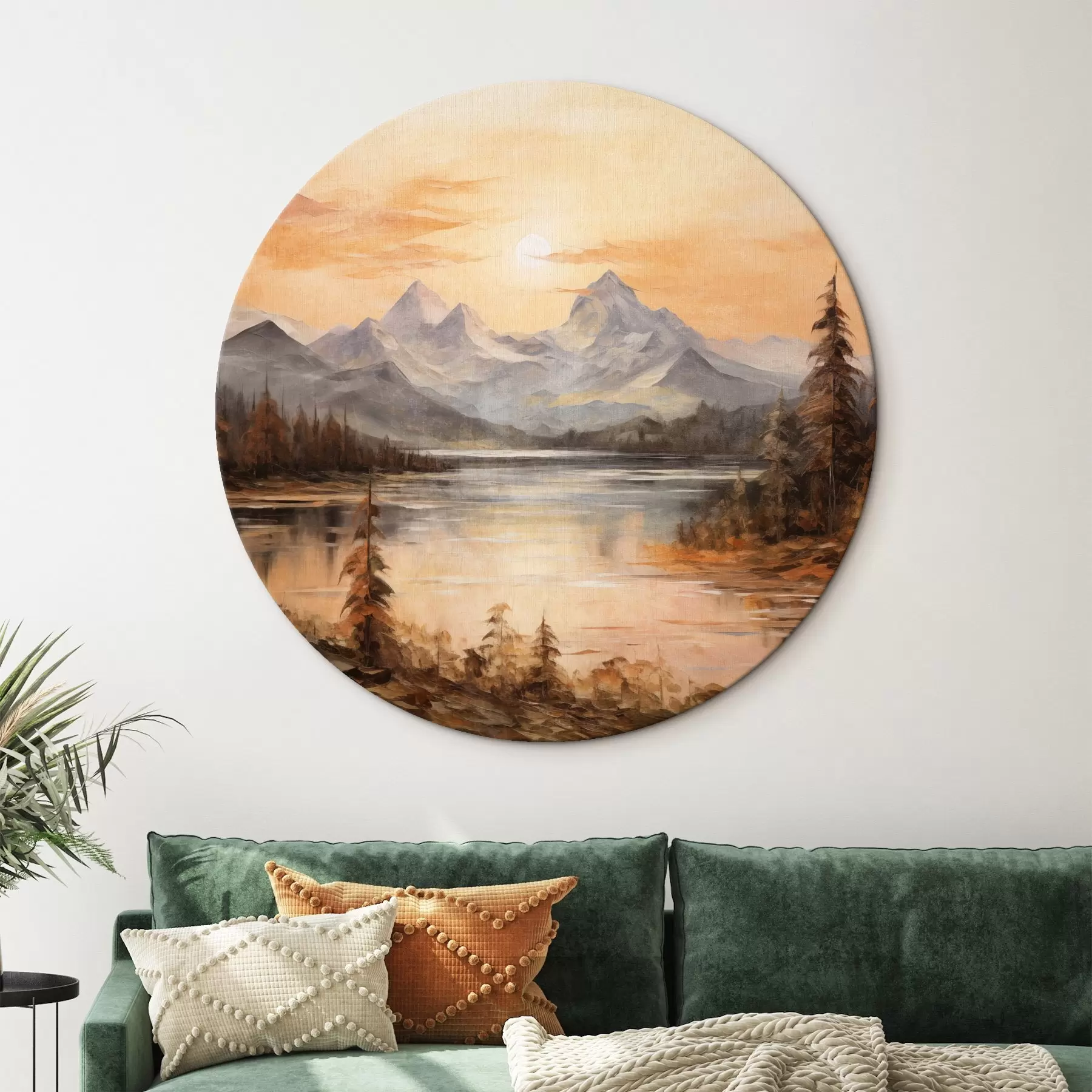 murales de pared Paisaje con un lago rodeado de árboles y montañas al fondo, cielo anaranjado con el sol r44857