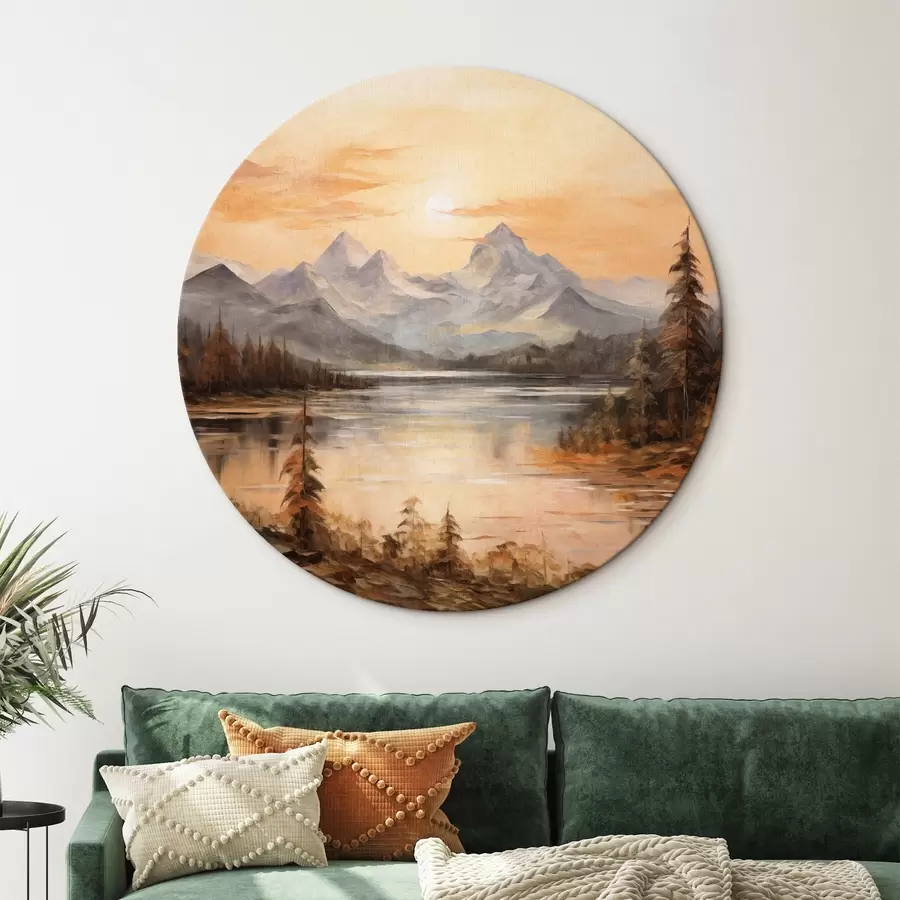 murales de pared Paisaje con un lago rodeado de árboles y montañas al fondo, cielo anaranjado con el sol r44857