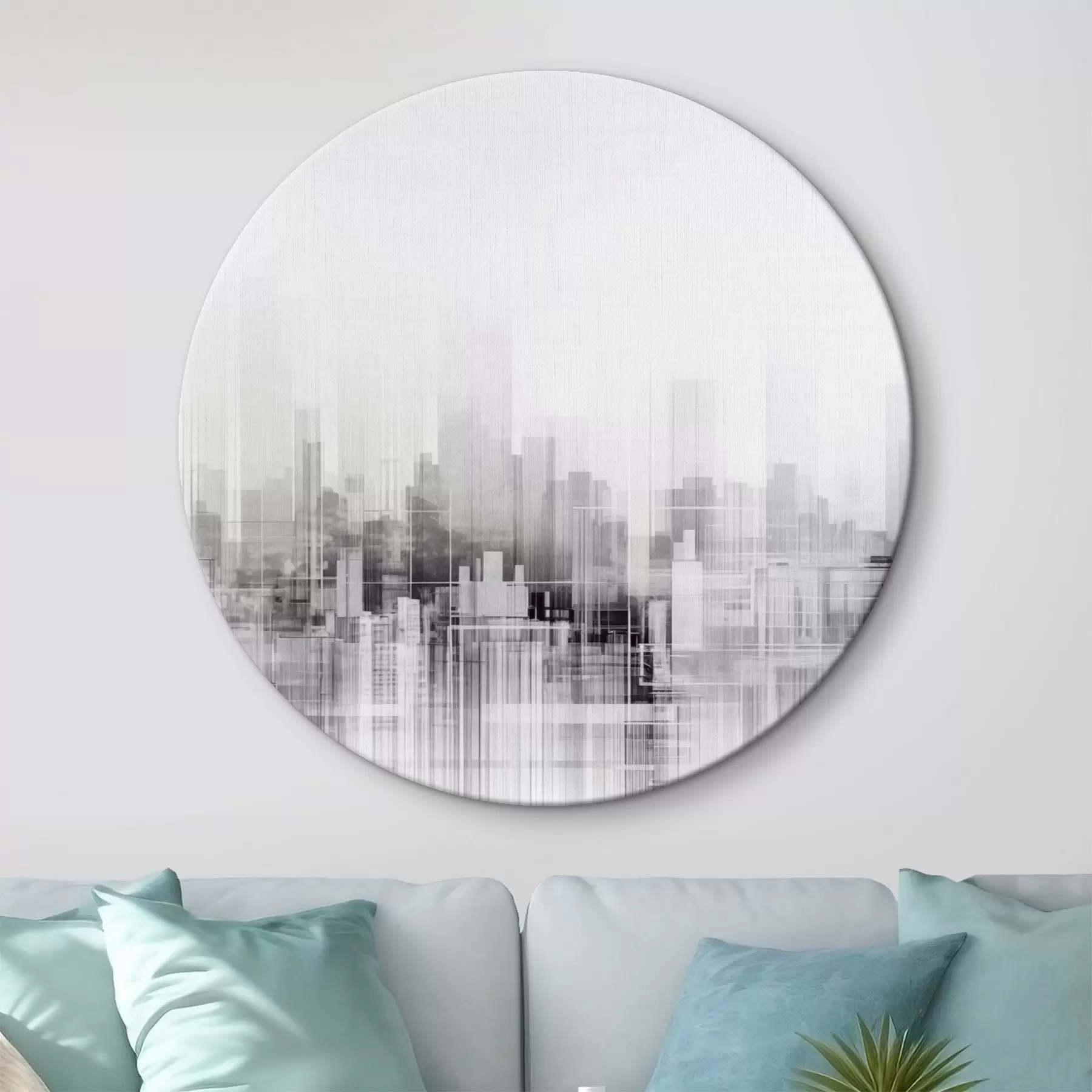 murales de pared Paisaje urbano minimalista texturizado con edificios altos y rascacielos, silueteados contra un cielo blanco r44863