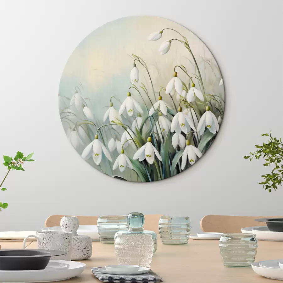 murales de pared Flores blancas de campanillas de invierno con tallos y hojas azules y verdes, pinceladas suaves, fondo difuminado r44864