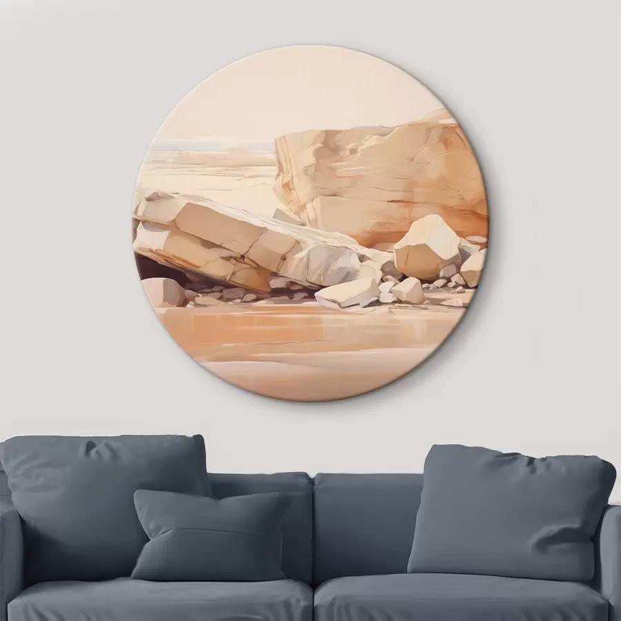 murales de pared Paisaje minimalista de playa rocosa con grandes rocas de color marrón claro y agua clara r44865