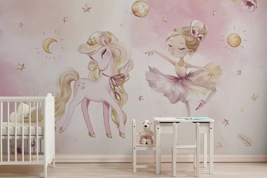 murales de pared Unicornio y bailarina en un cuento de hadas rosa, cuento infantil w04196