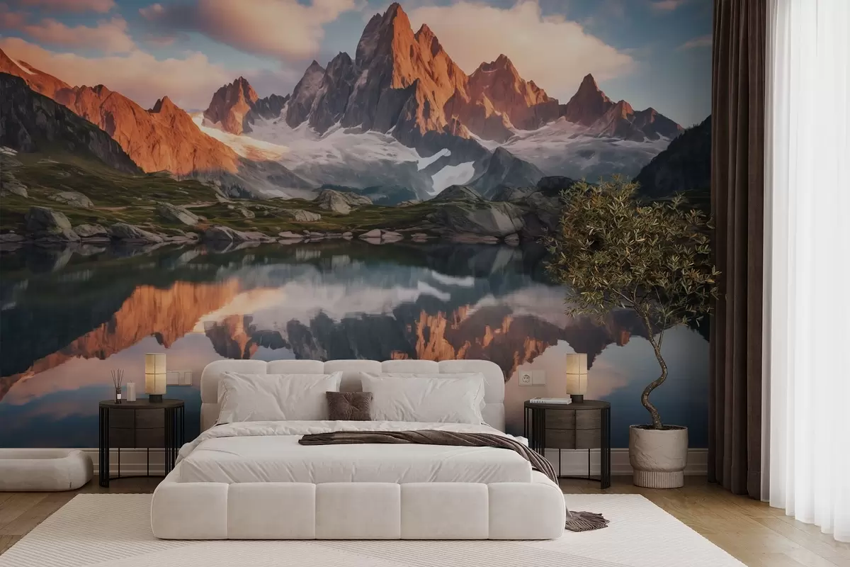murales de pared Montañas al amanecer, reflejo en el agua, paisaje realista w04150