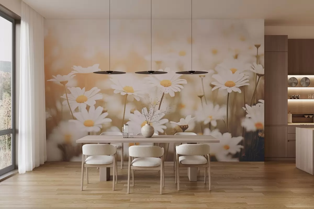 murales de pared Margaritas silvestres sobre fondo claro con efecto de enfoque suave w04161