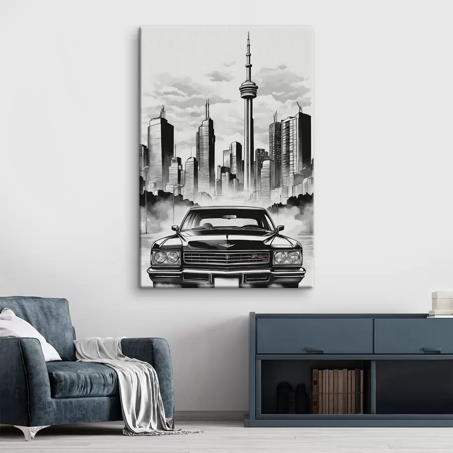 murales de pared Coche retro en el fondo de la ciudad monocromo con rascacielos s44871