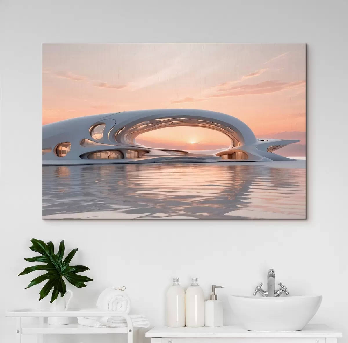 murales de pared Edificio futurista sobre el agua contra una puesta de sol rosa s44884