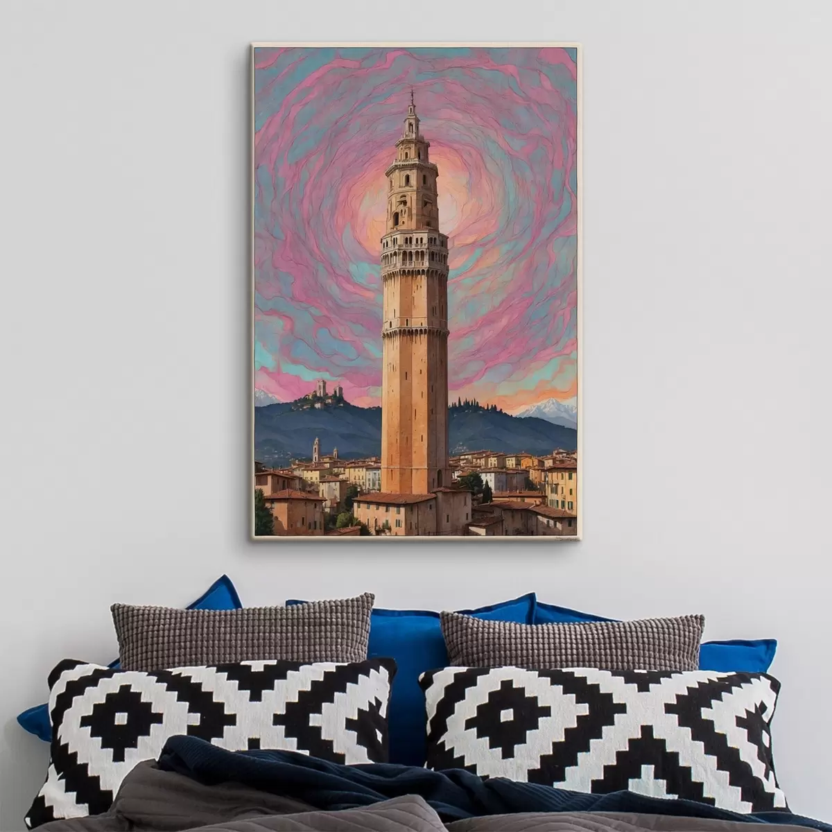 murales de pared Torre de fantasía contra el cielo con espirales rosas y azules s44885