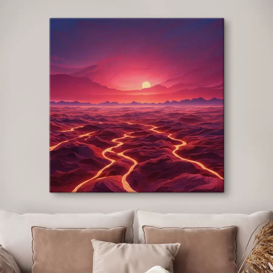 murales de pared Paisaje caliente con coladas de lava bajo un cielo rojo s44886
