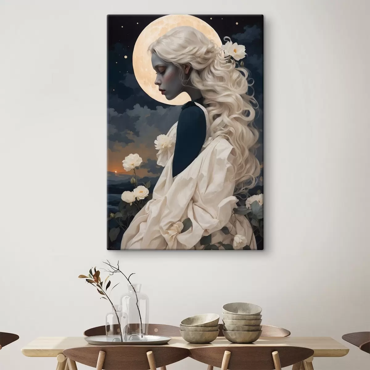 murales de pared Retrato de niña con pelo blanco y luna llena s44887