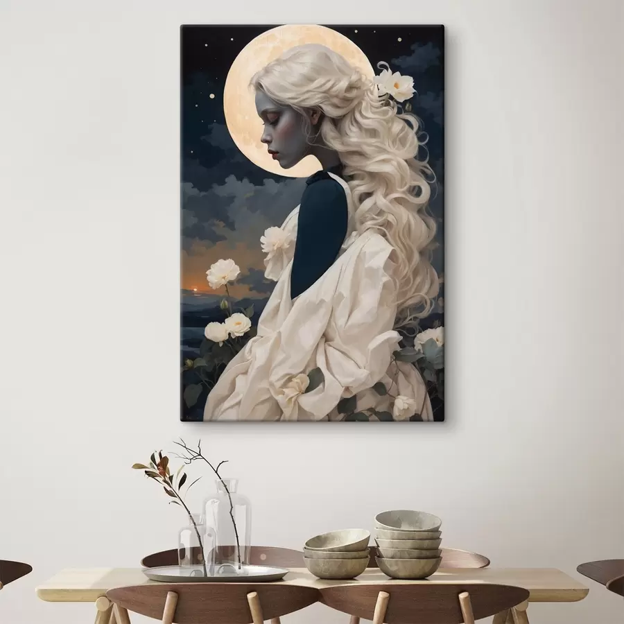 murales de pared Retrato de niña con pelo blanco y luna llena s44887