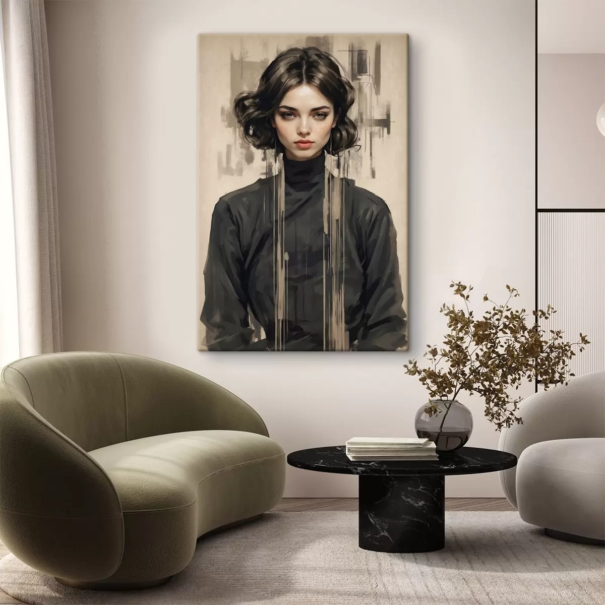 murales de pared Retrato de mujer con pelo corto y oscuro sobre fondo abstracto s44890