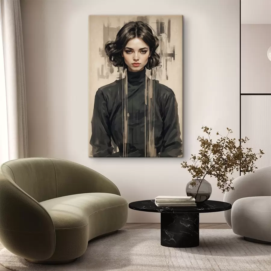 murales de pared Retrato de mujer con pelo corto y oscuro sobre fondo abstracto s44890