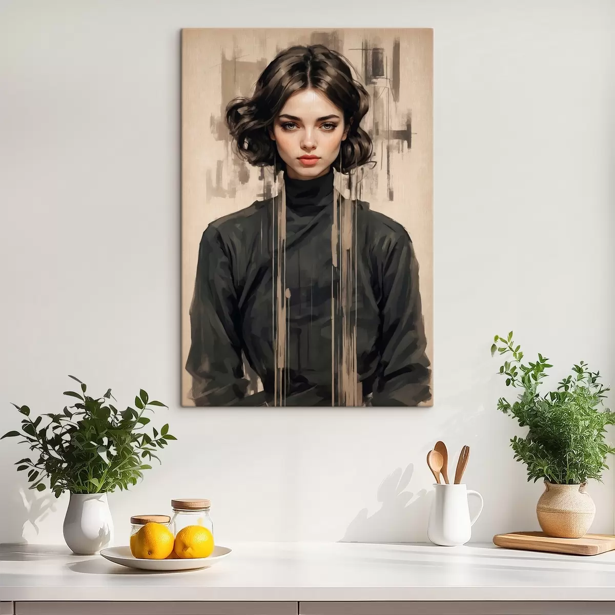 murales de pared Retrato de mujer con pelo corto y oscuro sobre fondo abstracto s44890