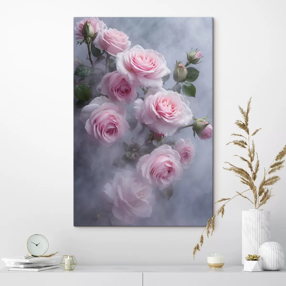 murales de pared Rosas suavemente rosadas en la niebla con hojas verdes s44892