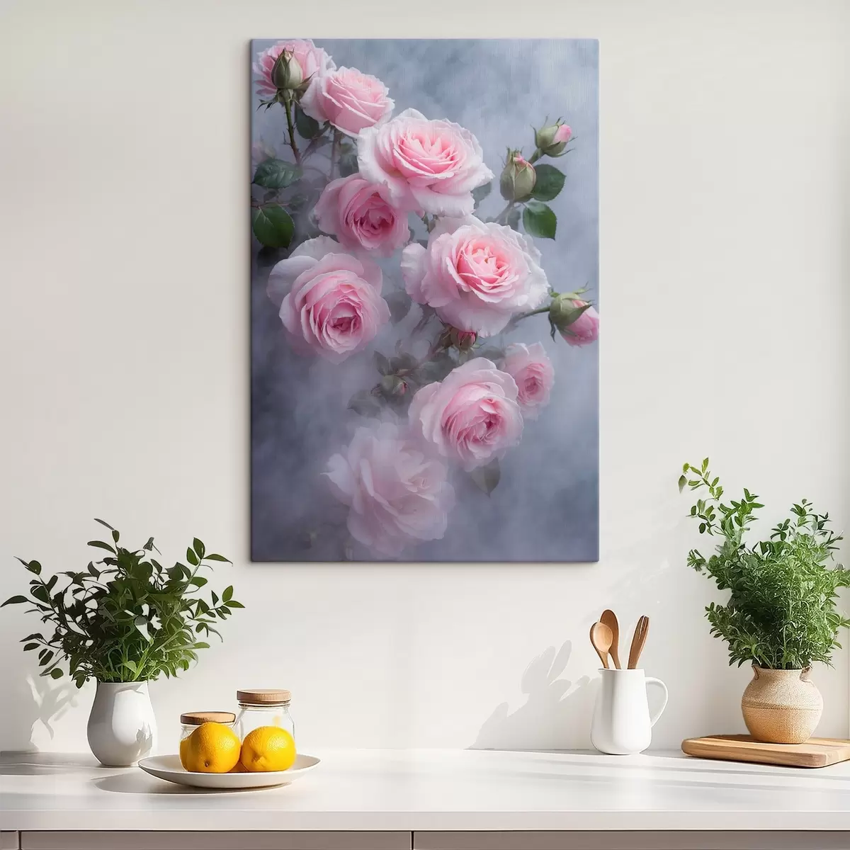 murales de pared Rosas suavemente rosadas en la niebla con hojas verdes s44892