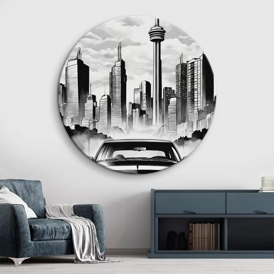 murales de pared Coche retro en el fondo de la ciudad monocromo con rascacielos r44871