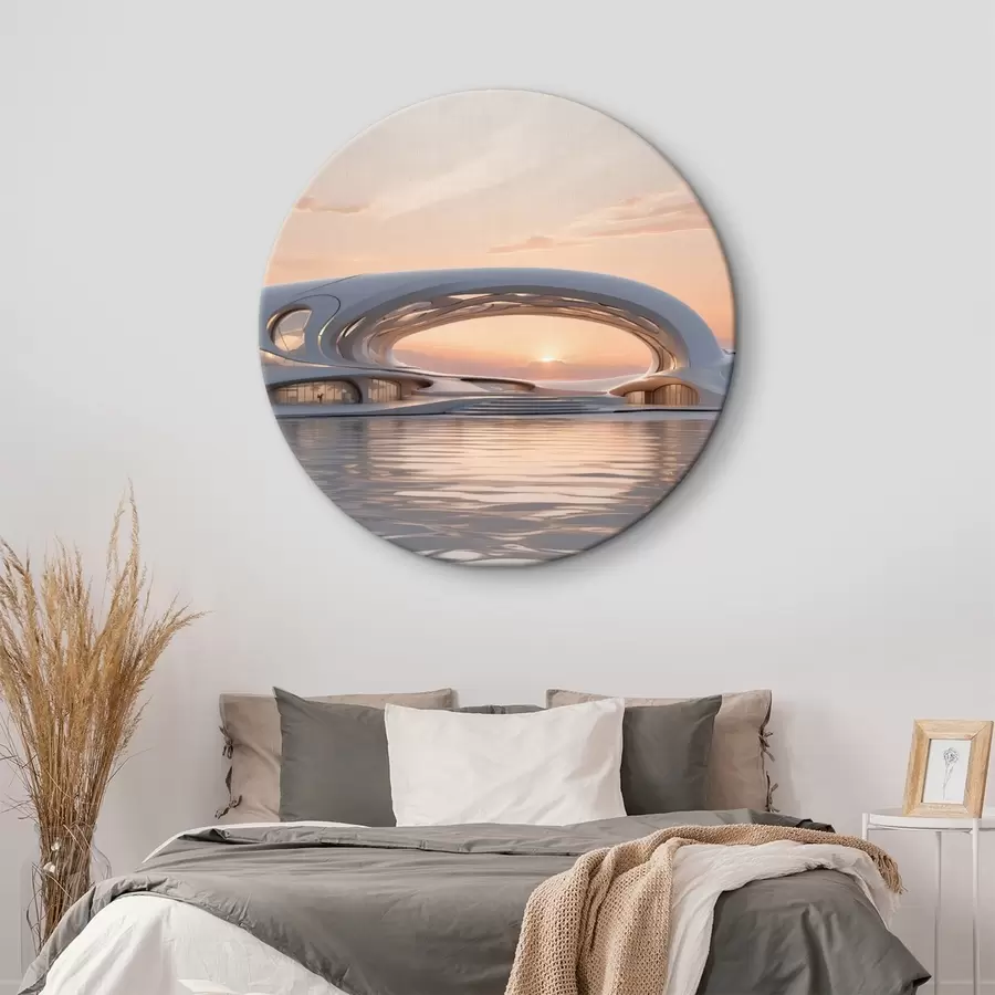 murales de pared Edificio futurista sobre el agua contra una puesta de sol rosa r44884