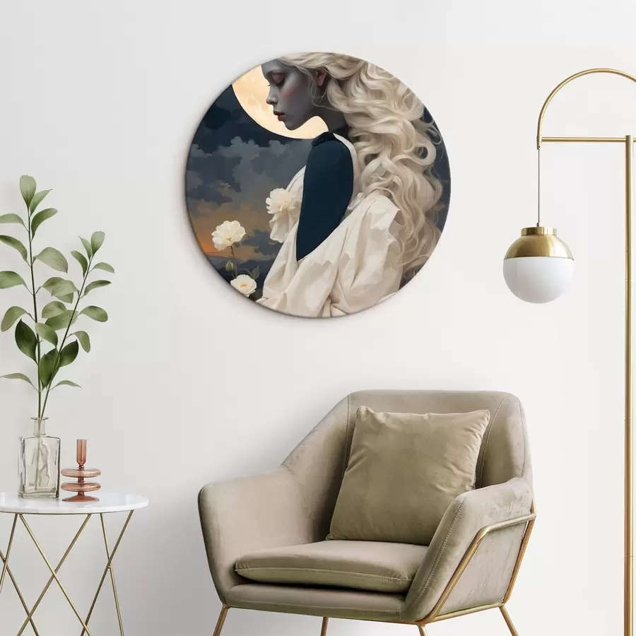 murales de pared Retrato de niña con pelo blanco y luna llena r44887