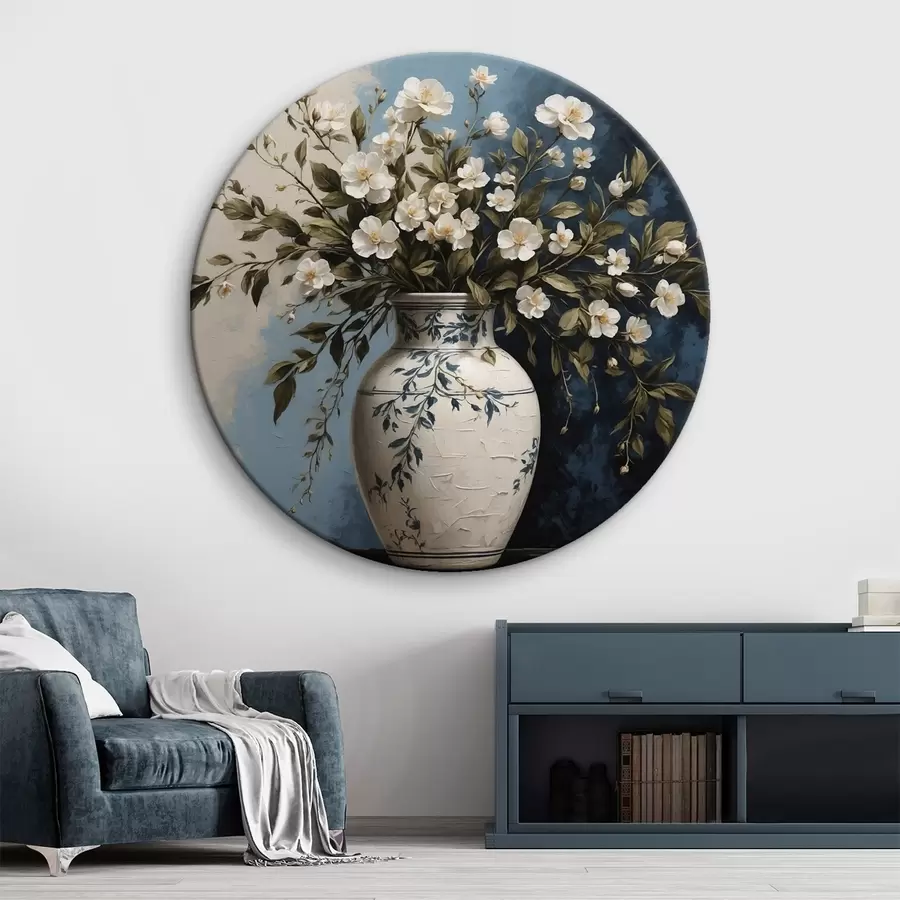 murales de pared Flores blancas y amarillas en un gran jarrón sobre fondo azul r44893