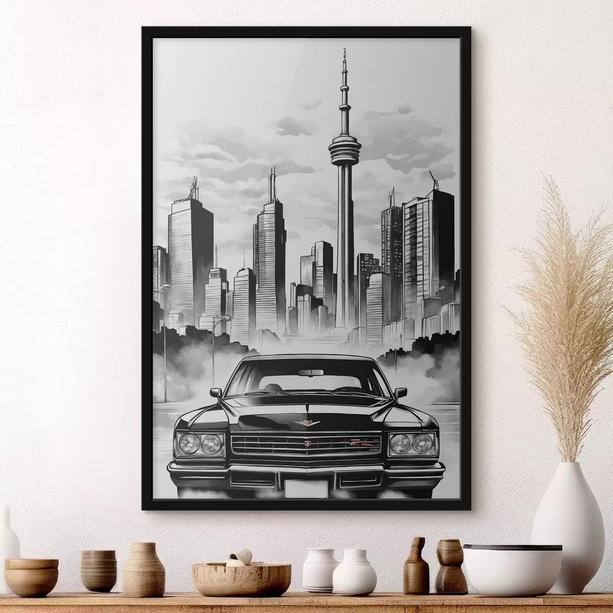 Poster Coche retro en el fondo de la ciudad monocromo con rascacielos f44871