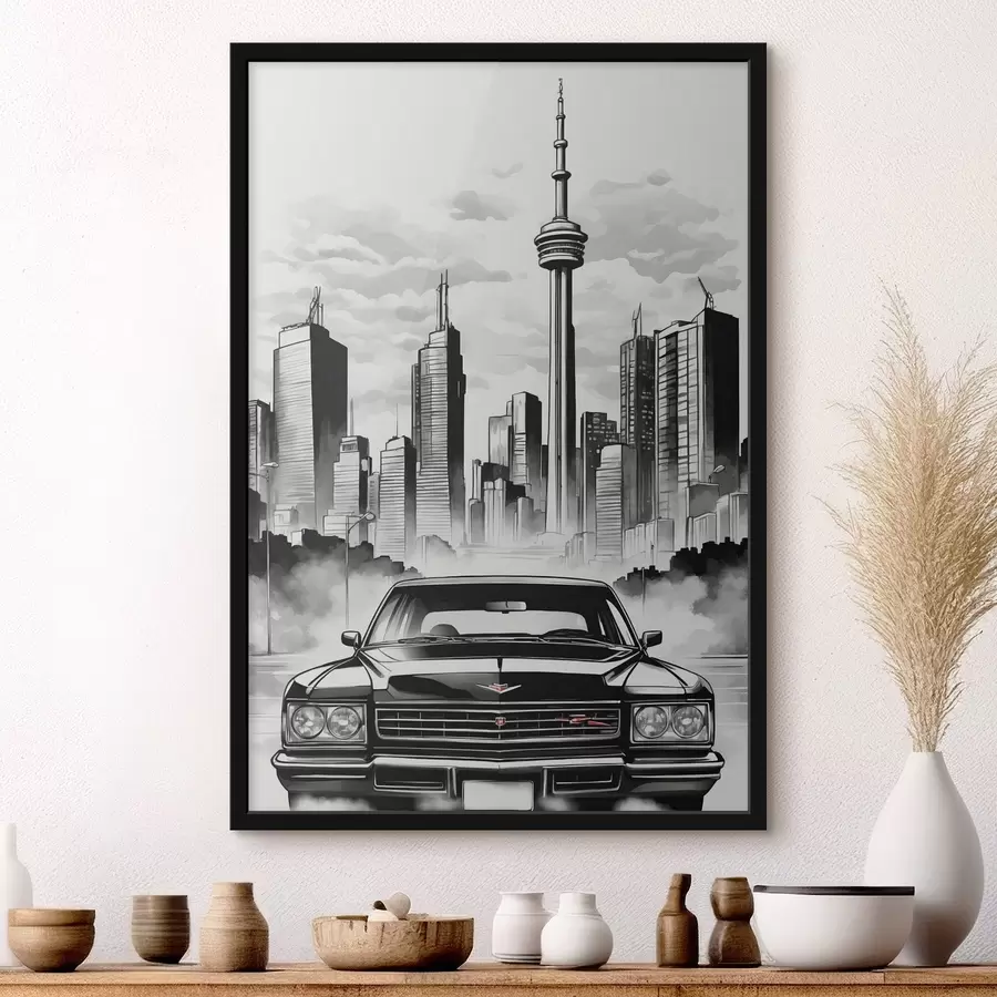murales de pared Coche retro en el fondo de la ciudad monocromo con rascacielos f44871