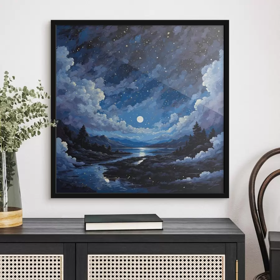 murales de pared Cielo nocturno con luna y estrellas sobre paisaje de montaña f44872