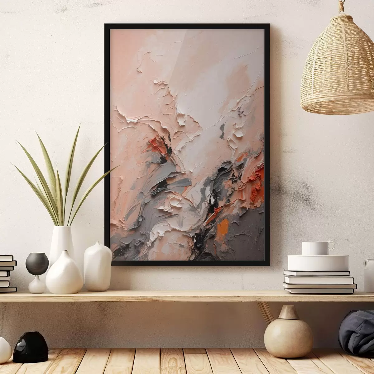 Poster Abstracto en tonos grises melocotón con trazos texturados f44873