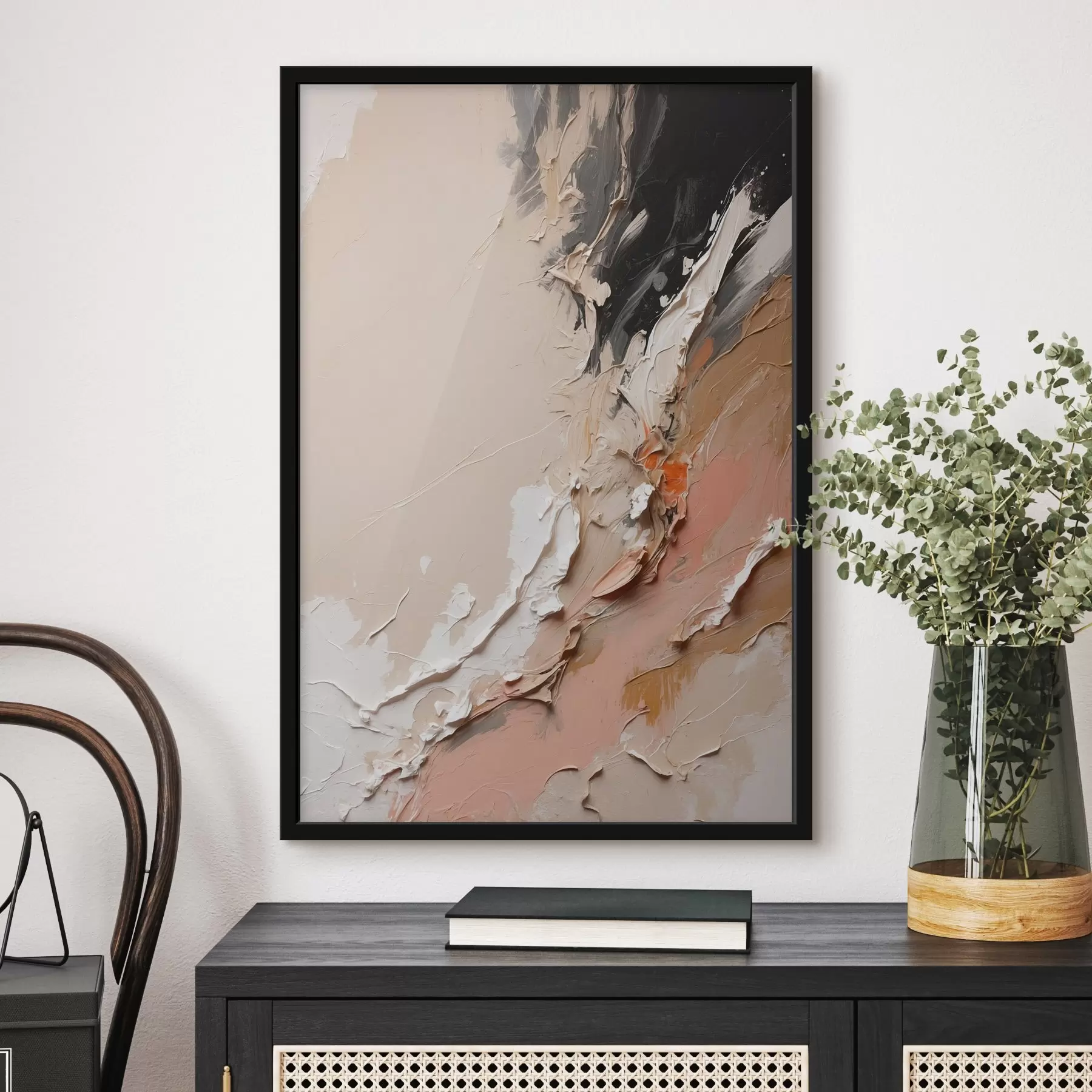 murales de pared Abstracción en beige y negro con toques de rosa y blanco f44875