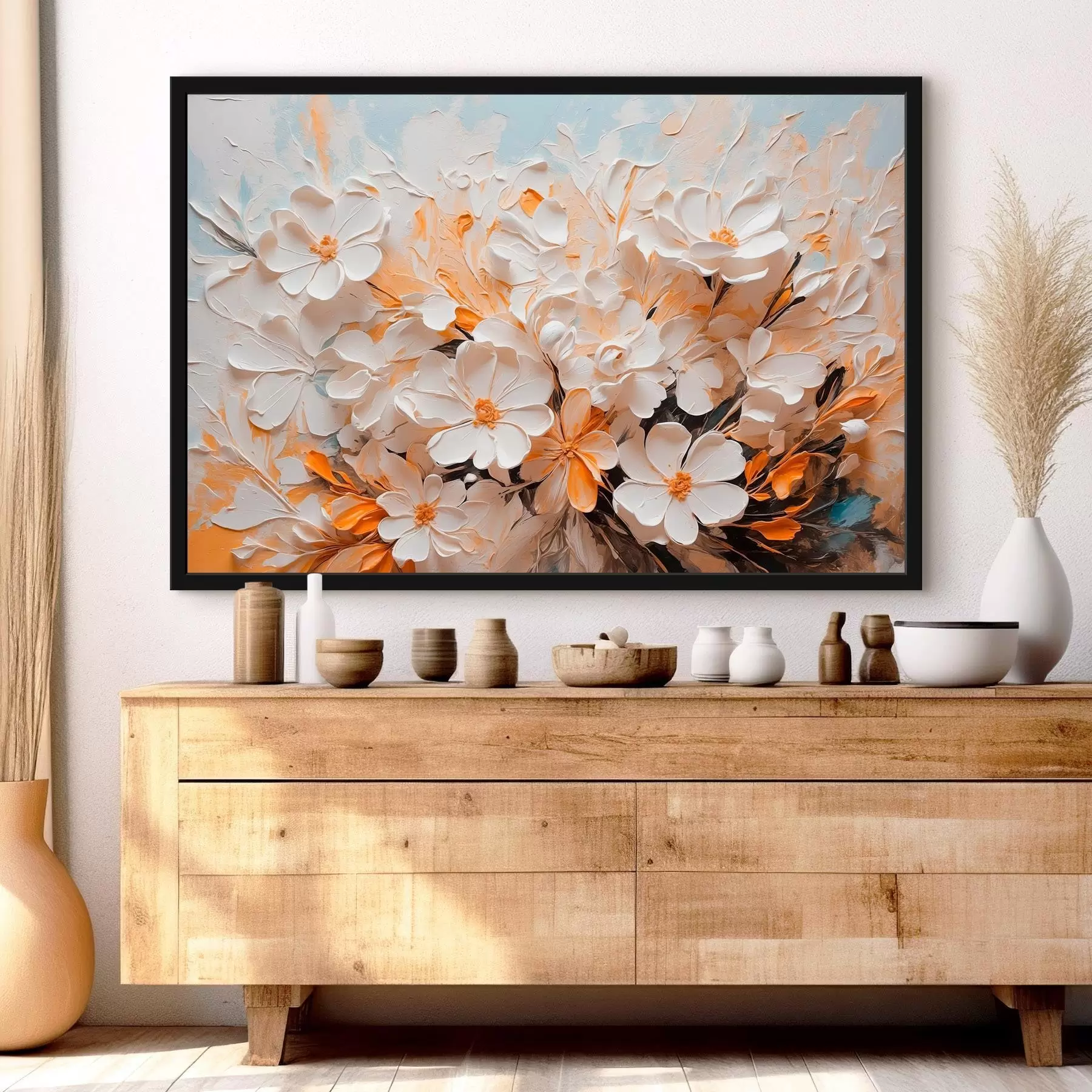 murales de pared Flores blancas y melocotón sobre fondo azul con tonos pastel f44879