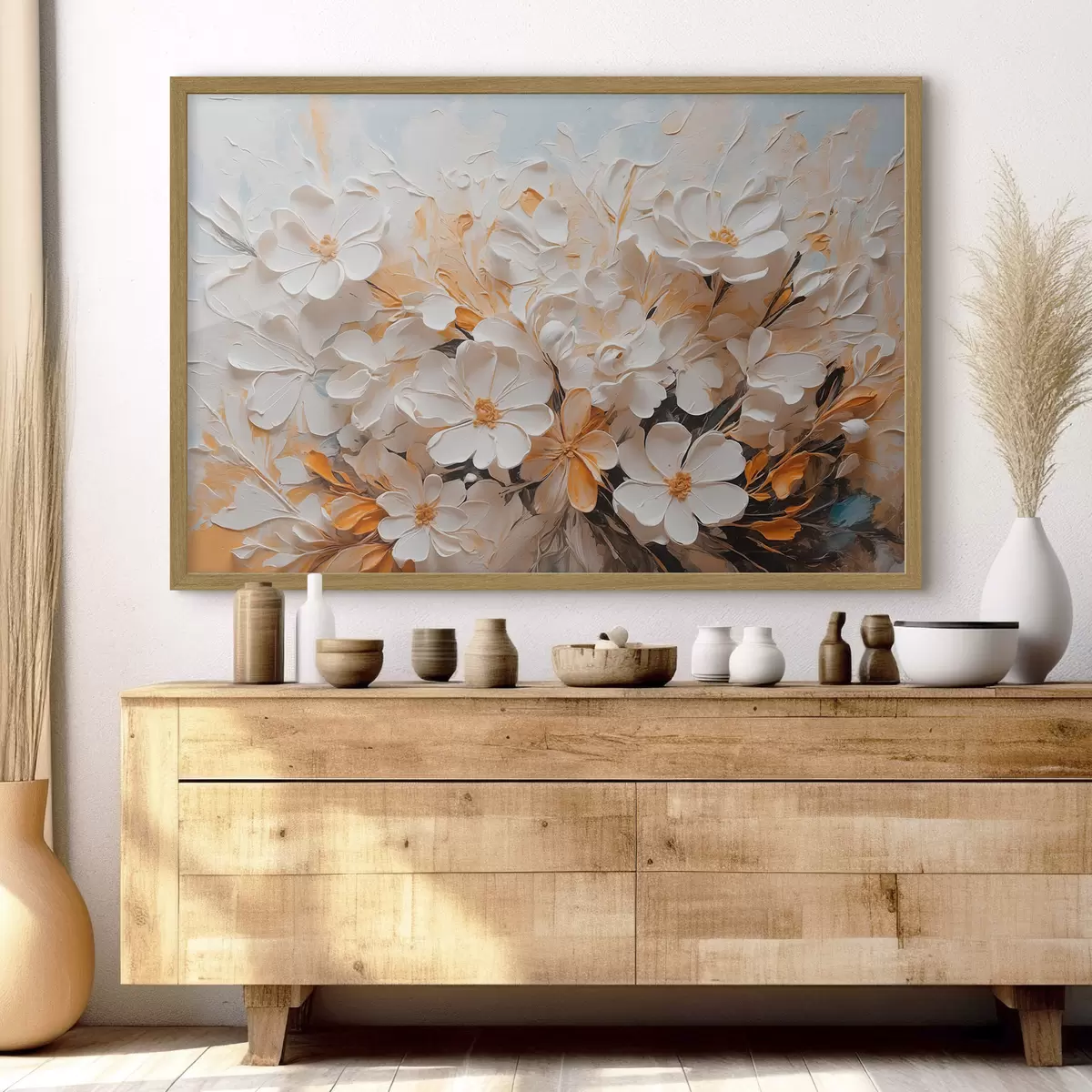 Poster Flores blancas y melocotón sobre fondo azul con tonos pastel f44879