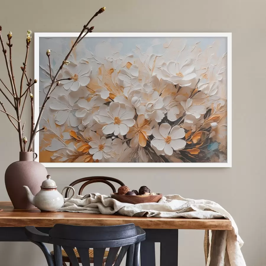 murales de pared Flores blancas y melocotón sobre fondo azul con tonos pastel f44879