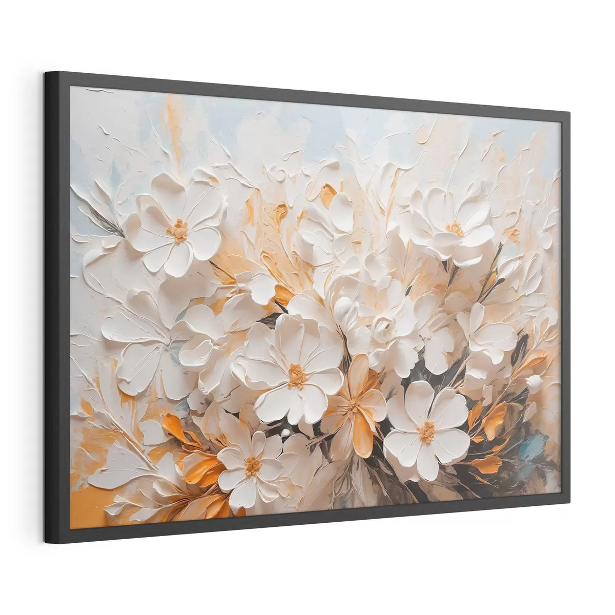 Poster Flores blancas y melocotón sobre fondo azul con tonos pastel f44879
