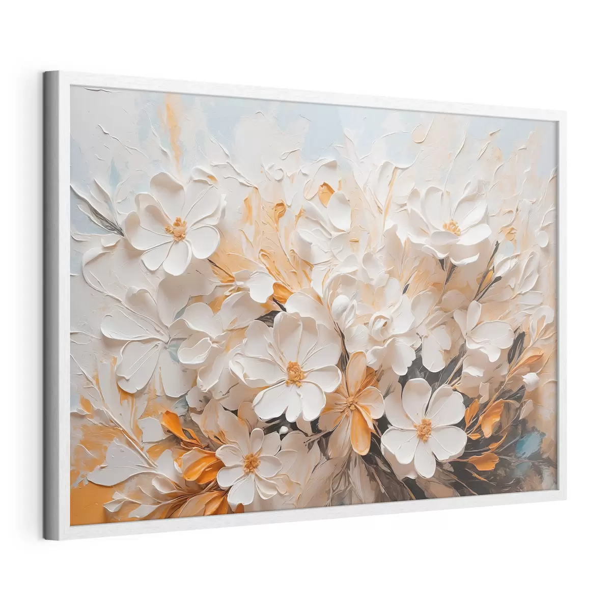 Poster Flores blancas y melocotón sobre fondo azul con tonos pastel f44879