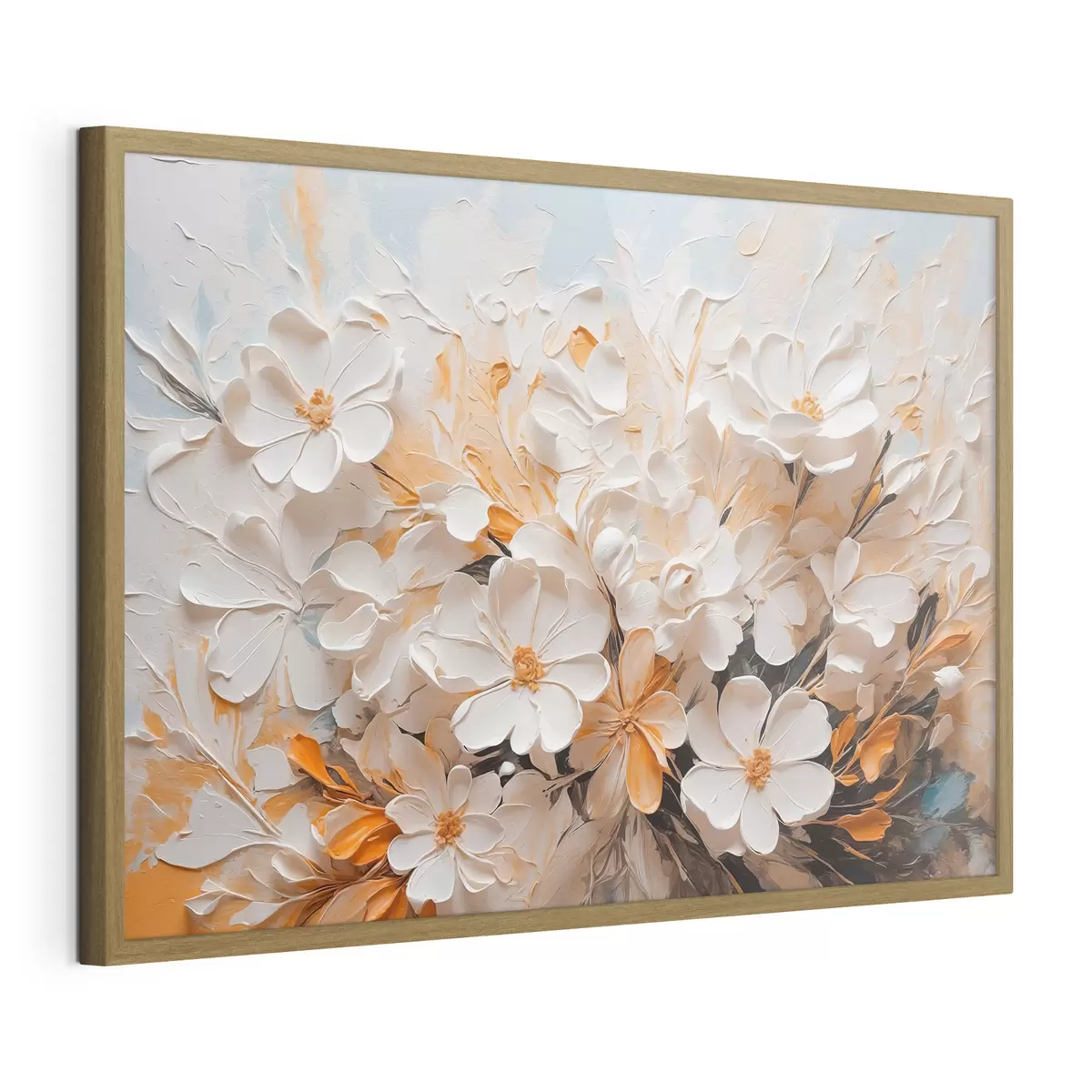 Poster Flores blancas y melocotón sobre fondo azul con tonos pastel f44879